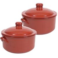 Ovenschaal/stoofpot - 2x - Oviedo - aardewerk - D25 x H18 cm - met deksel - bruin