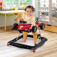 4-In-1 Loophulp Loopwagen Inklapbaar met Instelbare Hoogte Babywalker Autovormig met Stuur en Muziekdoos Rood