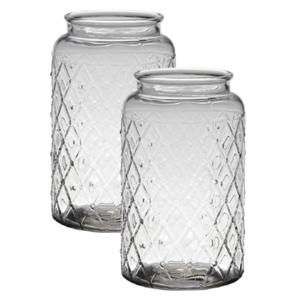 Bloemenvaas Brussel - 2x - transparant - glas - 16 x 26 cm - ruiten patroon - cilinder vaas