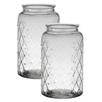 Bloemenvaas Brussel - 2x - transparant - glas - 16 x 26 cm - ruiten patroon - cilinder vaas