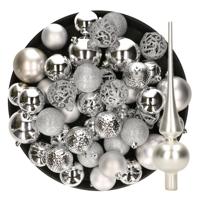 Kerstversiering kunststof kerstballen met piek zilver 6-8-10 cm pakket van 39x stuks - Kerstbal