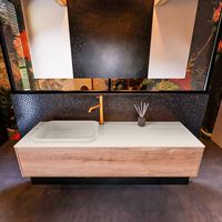 Badkamermeubelset Mondiaz Erin 150 cm met 1 Lade met RIDGE Wastafel Links Linen met 1 kraangat Greeploos Mat Washed Oak