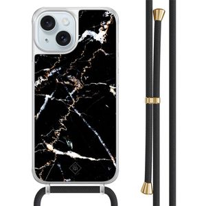 iPhone 15 hoesje met zwart koord - Marmer zwart
