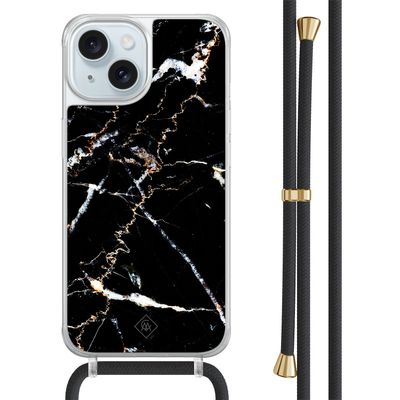 iPhone 15 hoesje met zwart koord - Marmer zwart