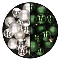 32x stuks kunststof kerstballen mix van zilver en donkergroen 4 cm - Kerstbal - thumbnail