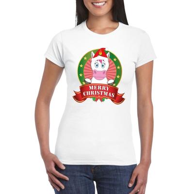 Eenhoorn Kerst t-shirt - wit - Merry Christmas - voor dames - kerstkleding