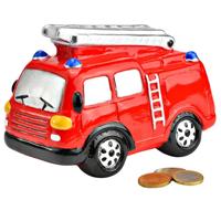 Spaarpot brandweerauto - voor kinderen - keramiek - rood - 16 x 12 x 8 cm