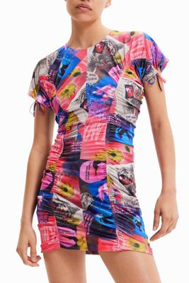 Slim fit mini-jurk met plooitjes en collage - RED - L