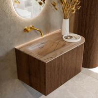 Badmeubel Mondiaz Kurve-Dlux | 75 cm | Meubelkleur Walnut | Wastafelkleur Arena | Solid surface | Wasbak linker zijde spoelbak | Zonder kraangat(en)