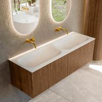 Mondiaz KURVE 140 cm Onderkast Greeploos 2 Lades Zonder Deuren Walnut, Wastafel Solid Surface Dubbel Talc 0 Kraangaten Zonder Spiegel (KRVBGS1402L0D0KD-Wal/Tal)