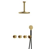 Hotbath Cobber - CW7067 - Inbouw Regendoucheset - Geborsteld Messing PVD - 2 Stopkranen - Thermostatisch - Plafondbuis 15 cm - Hoofddouche 200 mm - Ronde Handdouche 3 Standen - Waterbesparend