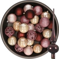 37x stuks kunststof kerstballen 6 cm incl. glazen piek roze en bruin tinten