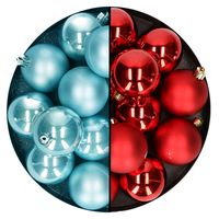 Decoris - kerstballen - 24x stuks - mix kerst rood en ijsblauw - 6 cm - kunststof - thumbnail