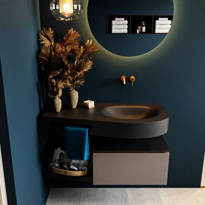 MONDIAZ RIVA 100cm badmeubel onderkast / planchet kleur Smoke met 1 lade. Wastafel DULCET rechts 0 kraangaten kleur Urban.