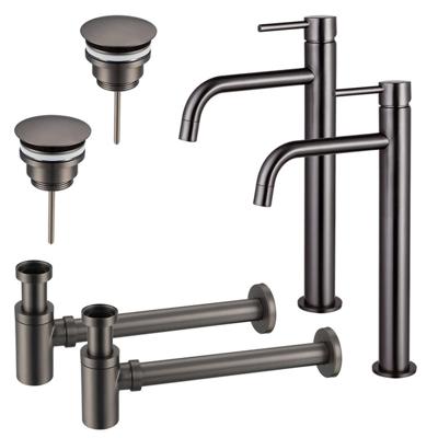 Fortifura Calvi Slim Wastafelkraanset - voor dubbele wastafel - verhoogde wastafelkraan - always open plug - verlaagde design sifon - Geborsteld Gunmetal PVD 2x SW766539/2x SW769487/2x SW767295