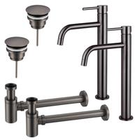 Fortifura Calvi Slim Wastafelkraanset - voor dubbele wastafel - verhoogde wastafelkraan - always open plug - verlaagde design sifon - Geborsteld Gunmetal PVD 2x SW766539/2x SW769487/2x SW767295