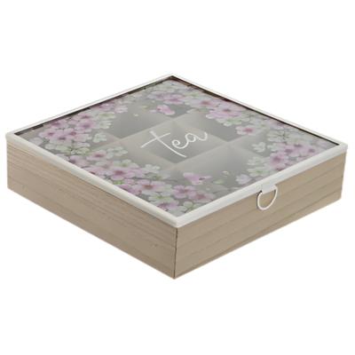 Theedoos - 9-vaks - bruin / roze - hout - 24 x 24 x 7 cm - doorzichtig
