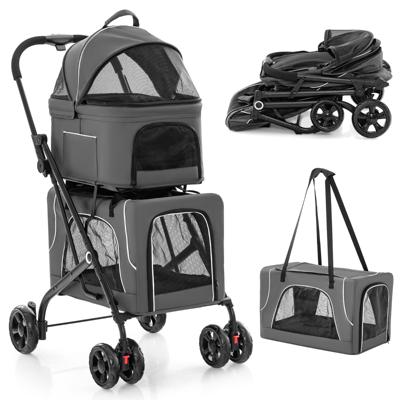 Dubbele Kinderwagen voor Huisdieren 3-In-1 Opvouwbare Kinderwagen voor 2 Honden of Katten met 2 Afneembare Dragers Veiligheidsgordel-Grijs