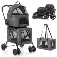 Dubbele Kinderwagen voor Huisdieren 3-In-1 Opvouwbare Kinderwagen voor 2 Honden of Katten met 2 Afneembare Dragers Veiligheidsgordel-Grijs
