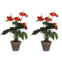 Kunstplant Anthurium - 2x - rood - 40 cm - grijze pot - nepplant - kamerplant