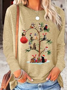 Women's Christmas Cat Tree Crew Neck Casual Top