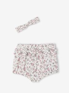 Geboorteset gebloemde bloomer en hoofdband ecru