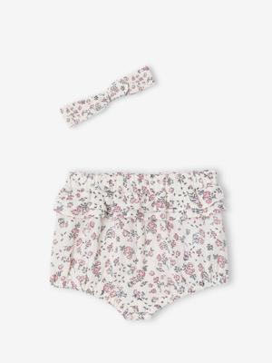 Geboorteset gebloemde bloomer en hoofdband ecru