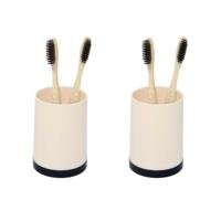 Badkamer tandenborstelhouder/drinkbeker - 2x - kunststof - beige/zwart - 8 x 10 cm