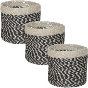 3x stuks naturel zwart rotan planten pot mand van gedraaid jute/riet H12 en D12 cm