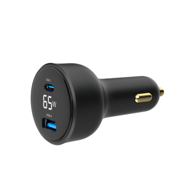 2-poorts USB-auto snellader, Type-C PD, LCD, 65 W, zwart