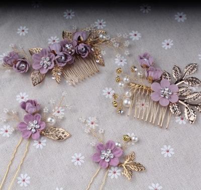 Mode bloem haar kammen hoofdtooi Prom Bridal Wedding haaraccessoires bladgoud haar juwelen haar pins (paarse sets)