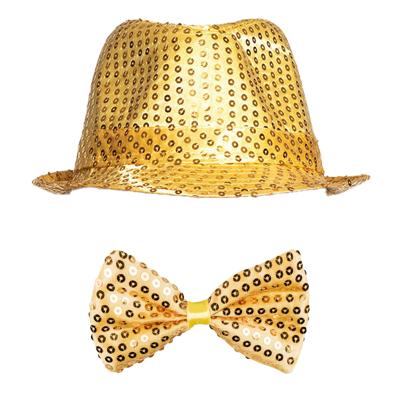 Boland Party carnaval verkleed set - hoedje en vlinderstrikje - Goud glitters - Verkleedkleding