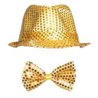 Boland Party carnaval verkleed set - hoedje en vlinderstrikje - Goud glitters - Verkleedkleding