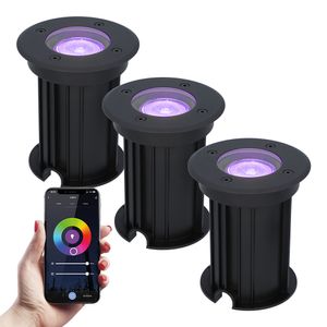 3x Maisy dimbare LED grondspot - Rond - Zwart -RGBWW - 5.5 Watt - WiFi & Bluetooth - IP67 straal waterdicht - 3 jaar garantie