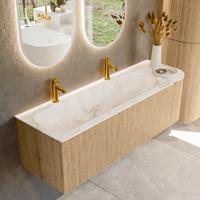Badmeubel Mondiaz Kurve-Dlux | 145 cm | Meubelkleur Oak | Wastafelkleur Frappe | Solid surface | Links spoelbak | 2 kraangaten