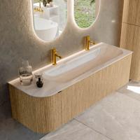 Badmeubel Mondiaz Kurve-Dlux | 145 cm | Meubelkleur Oak | Wastafelkleur Meli | Solid surface | Wasbak rechter zijde spoelbak | 2 kraangaten