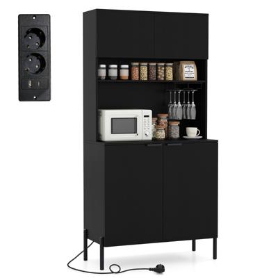 Keukenkast met Oplaadstation Buffetkast met Deuren Verstelbare Plank Kast voor Eetkamer en Woonkamer-Zwart