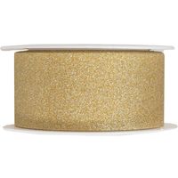1x Gouden satijnlinten met glitters op rol 3 cm x 5 meter cadeaulint verpakkingsmateriaal - Cadeaulinten - thumbnail