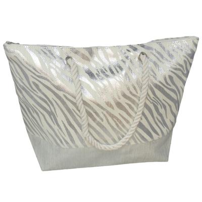 Gerimport strandtas - panterprint - zilver - touw handvat - 14 x 51 x 36 cm