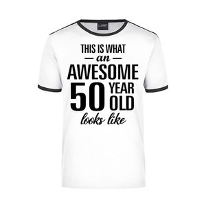 Awesome 50 year / 50 jaar wit/zwart ringer cadeau t-shirt voor heren - Abraham