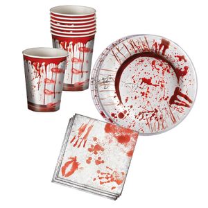 Tafel dekken Halloween feestartikelen bloederige print 18x bordjes/18x drink bekers/40x servetten