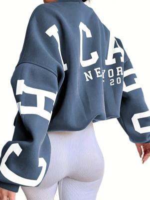 Women's Letter Print Drop Shoulder Sweatshirt | Black Fall Pullover Blue / XS
