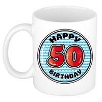 Verjaardag cadeau mok - 50 jaar - blauw - gestreept - 300 ml - keramiek - Abraham