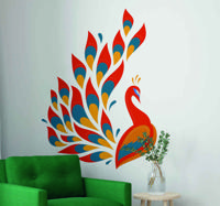 Kleurrijke pauw muursticker vogel - thumbnail