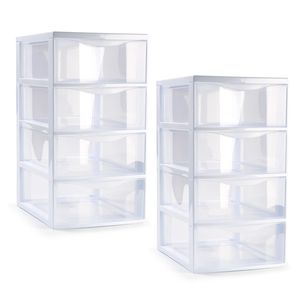 Ladeblokje/bureau organizer - 2x stuks - 4 lades - transparant/wit - L18 x B25 x H33 cm - plastic