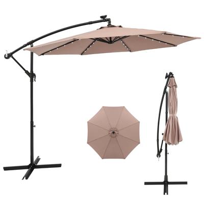 300 cm Grote Verplaatsbare Parasol met 40 Lampen & Zonnepanelen Marktparasol Verlichte Vrijstaande Parasol voor Tuin Bruin