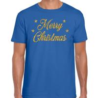 Foute Kersttrui t-shirt - Merry Christmas - blauw - met gouden glitter letters - heren
