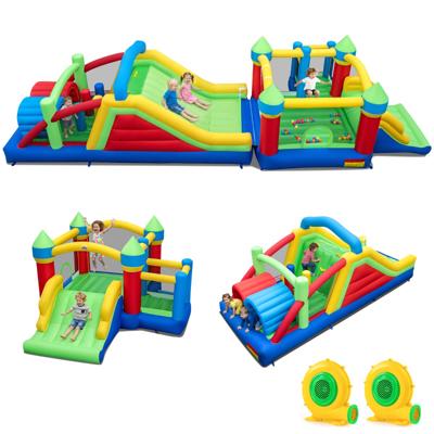 Opblaasbaar Kasteel met Reuzenglijbaan en Springkussen Type E met Tunnel Hindernisbalken Klimwand en Ballenbak Two Blowers