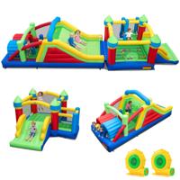 Opblaasbaar Kasteel met Reuzenglijbaan en Springkussen Type E met Tunnel Hindernisbalken Klimwand en Ballenbak Two Blowers