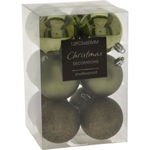 12x stuks kerstballen mix groen tinten kunststof 6 cm